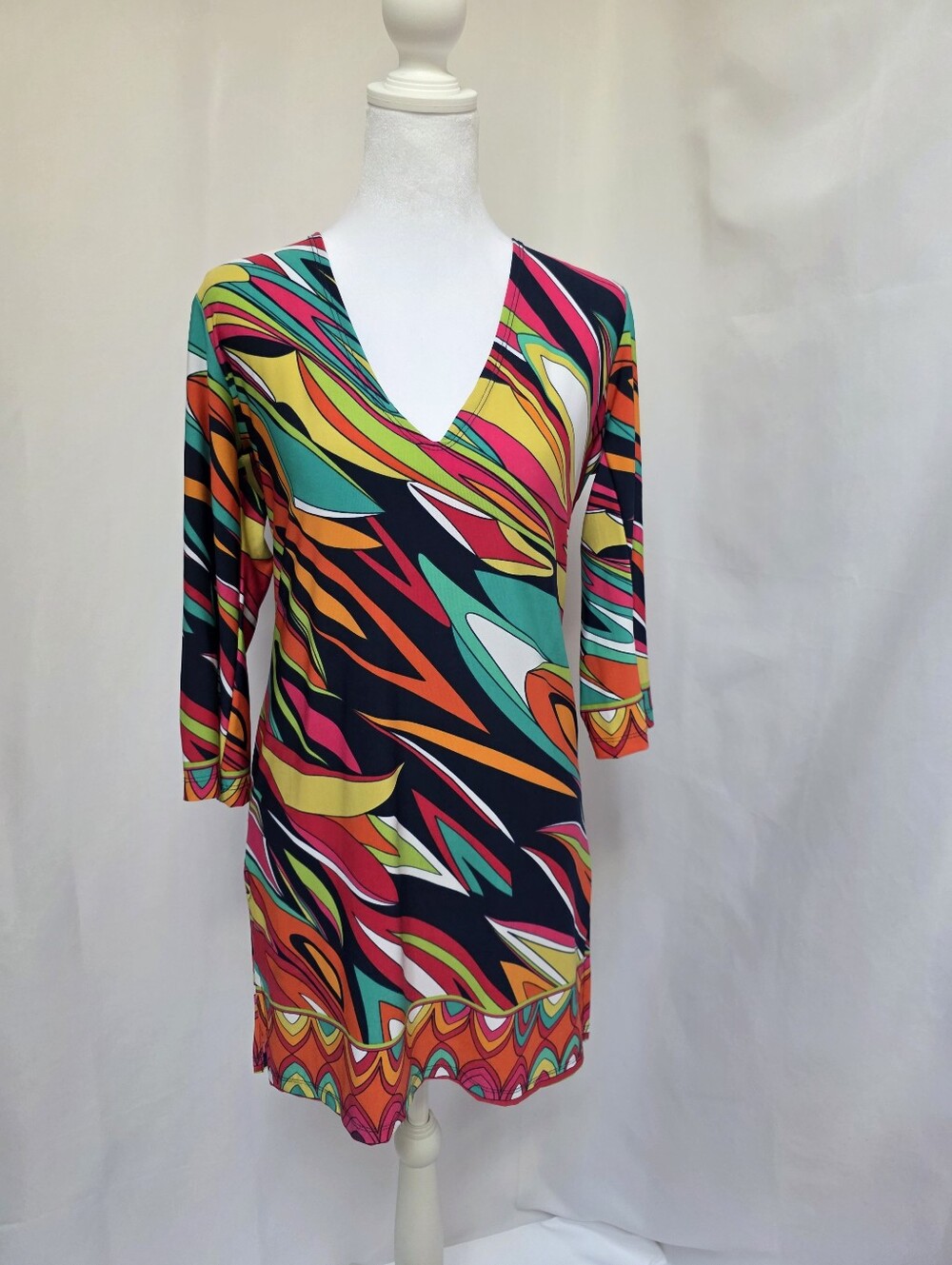 J Valdi Multicolor Abstract Print V Neck 3/4 Sleeve Dress M